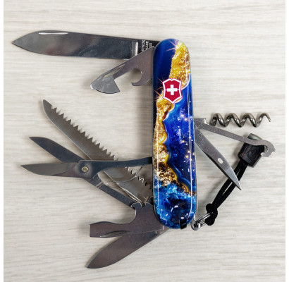 Складаний ніж Victorinox HUNTSMAN DESIGN Золотисто-блакитний кристал 1.3713.3.R2040pk