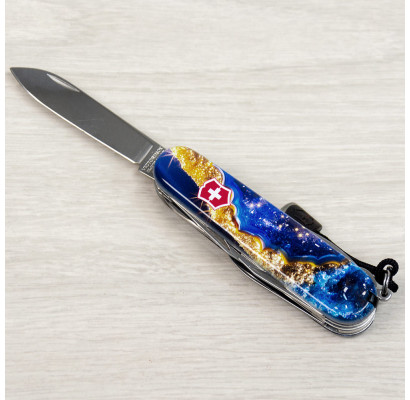 Складаний ніж Victorinox HUNTSMAN DESIGN Золотисто-блакитний кристал 1.3713.3.R2040pk
